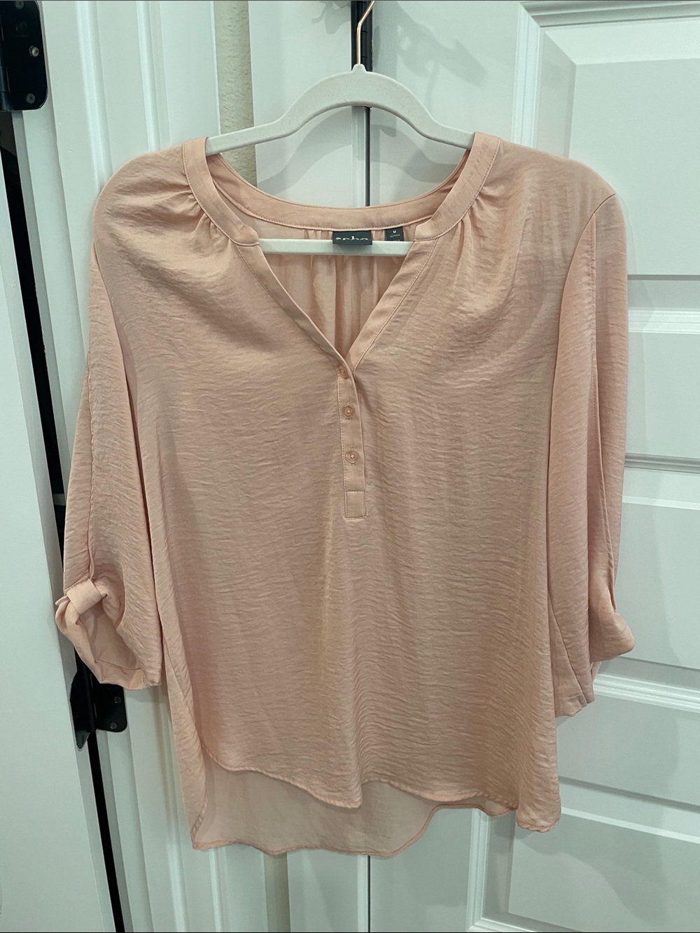 Soho Blush Pink Roll-Tab Henley Blouse - Women's Top